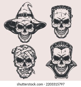 Set Halloween skulls monochrome vintage logotypes witch and Frankenstein heads for frightening decorations for holiday all Saints day vector illustration