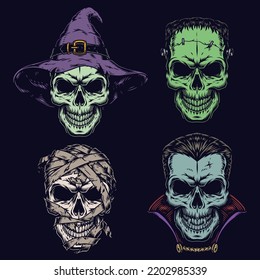 Set Halloween Skulls Vintage Colorful Stickers Faces Frankenstein And Count Dracula From Scary Stories With Witches And Zombies Vector Illustration