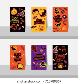 Set of Halloween small cards vector for Halloween party, Halloween night, trick or treat, for scrapbook, gift tags, ghost, skeleton, skull, pumpkin, bat, cat, spider, monster eye and Jack-o-Lantern.