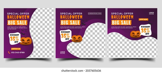 Conjunto de diseño de plantillas de publicaciones en medios sociales de Halloween. Banner de promoción de venta moderna con ilustración de calabaza y lugar para la foto. Se puede usar para publicaciones en medios sociales, banner, tarjetas y sitios web.