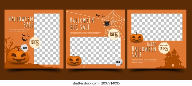  Set of Halloween social media post template design. Modern promotion banner with place for the photo. Usable for social media post, banner, cards, and website.