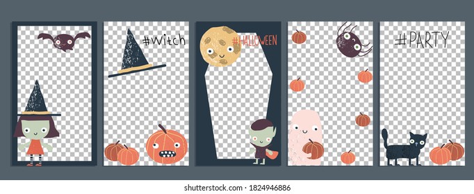 Set of Halloween social media templates. Funny holiday graphic. Vector hand drawn illustration.