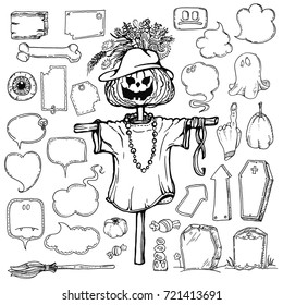 Set of Halloween speech bubbles and Scarecrow. Doodle style elements.