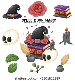 Set Halloween Spell book Magic skull Books hat candle rose Watercolor Vector File , Clipart caricatura vintage-Retro style