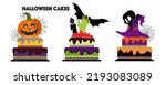 Set of Halloween Cakes, Fancy Halloween Elements Pumpkin Spider Web, Candle, Bats, Hand with Blood, Witch Hat Skull with Bone decorated on the cakes. Vector illustration