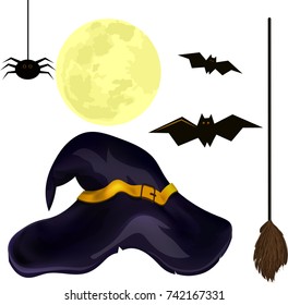 set for Halloween spider, broom, witch hat, bat, moon. On a white background