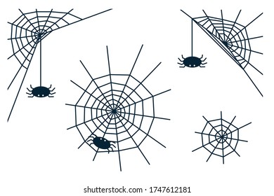 Set of Halloween spiders and webs black isolated illustration on white background. Editable outline icons