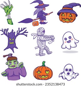 Set of halloween spooky character design elements. Witch, ghost, mummy, skeleton, funny pumpkins. Perfect for scrapbooking, greeting card, party invitation, poster, sticker, clipart