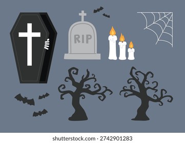 Set of Halloween spooky elements including coffin, tombstone, and candles