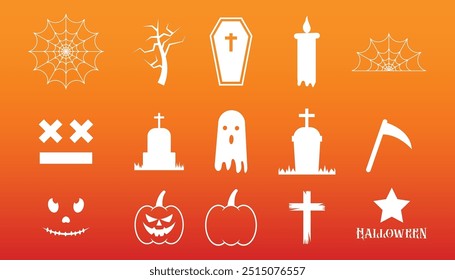 Set von Halloween Spooky Elements - Kürbis Gesichter, Haunted Tree, Grabstein, Kreuz und andere festliche Dekorationen, T-Shirt Designs