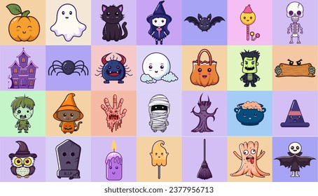 set halloween spooky and festive elements. Halloween graphic elements - pumpkins, ghosts, zombie, owl, cat, candy and others. Hand drawn set. Vector illustration.