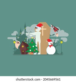 Set of halloween. Spooky mansion scene. Collection of smiling pumpkins with witch hats. Snowman, pumpkin heads, and mumy. Jack Lantern attributes. Vector illustration of scary holiday symbol on white 