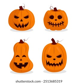 Set of halloween spooky pumpkin Jack-O'-Lanterns. Isolated on white background. Vector illustration.