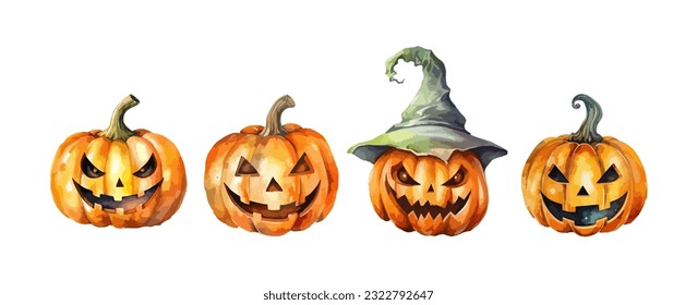 Set of halloween spooky pumpkin watercolor isolated on white background. Vector illustration