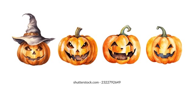 Set of halloween spooky pumpkin watercolor isolated on white background. Vector illustration