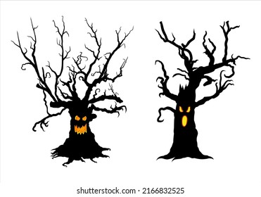 Set of Halloween spooky trees, vector illustration isolated from background. Silhouette of fantasy, bare scary trees. Design element for Halloween concept