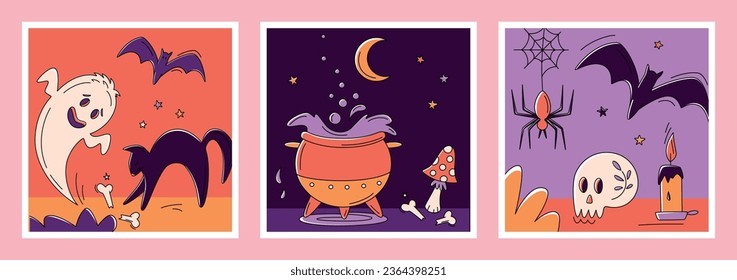 Set of halloween square postcards with candle, decorated skull, bones, ghost, black cat, bat, witches cauldron, fly agaric, moon and stars. Night at the cemetery. Vector illustration