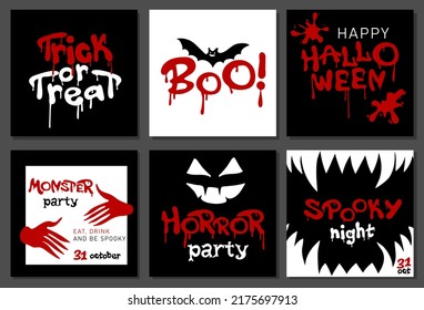 Set of halloween square posters or greeting cards. Halloween party design in urban graffiti style. Vector illustration