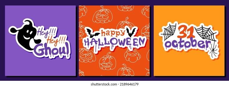 Set of halloween square posters or greeting cards. Halloween party design in urban graffiti style. Vector illustration
