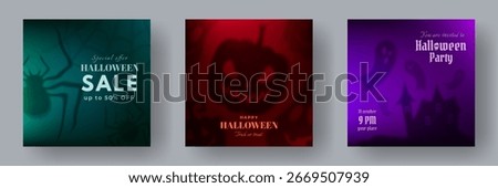 Set of Halloween square posters with spooky silhouettes. Scary backgrounds with shadows of pumpkins, spiders, haunted house, ghosts. Holiday decoration, greeting cards templates, illustrations, covers