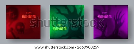 Set of Halloween square posters with spooky silhouettes. Scary backgrounds with shadows of skulls, bones, zombie hands, tree, ghosts. Holiday decoration, greeting cards templates, illustration, covers