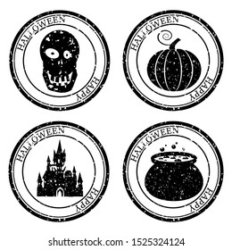 Set Halloween Stamp Postal. Icon Pumpkin Cauldron Scull Castle Silhouette Seal. Grunge Texture. Passport Round Design. Vector Design Retro Isolated