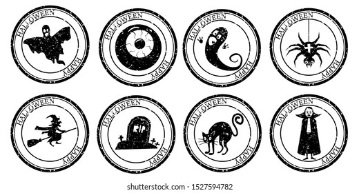 Set Halloween Stamp Postal. Icon Vampire Cemetery Spider Cat Witch Ghost Eye Silhouette Seal. Grunge Texture. Passport Round Design. Vector Design Retro Isolated