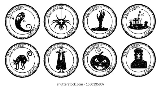 Set Halloween Stamp Postal. Icon Pumpkin Hand Cemetery Cat Vampire Ghost Spider Silhouette Seal. Grunge Texture. Passport Round Design. Vector Design Retro Isolated