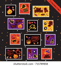 Set of Halloween stamps vector for Halloween party, Halloween night, trick or treat, invitation card, scrapbook, gift tags, ghost, skeleton, skull, pumpkin, bat, spider, monster eye, Jack-o-Lantern.