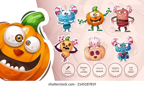 Set halloween sticker. Cartoon character.