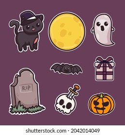 Set of halloween sticker elements. Black cat, ghost, halloween gift,skull,grave,and full moon.