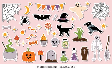 Set of Halloween sticker in flat cartoon style with skeleton, candy, spider web, zombie hand, cauldron, and black cat. Fun spooky design perfect for kids, decor, scrapbooking, and party crafts.