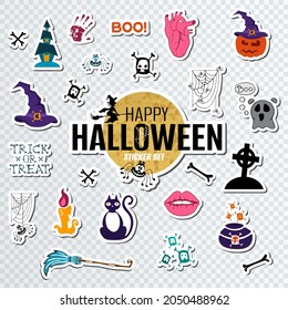 Set of Halloween sticker sign, badge, label or logo design. Happy Halloween cute element with traditional cartoon character isolated on transparent background. Vector illustration