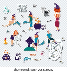 Set of Halloween sticker sign, badge, label or logo design. Happy Halloween cute element with traditional cartoon character isolated on transparent background. Vector illustration