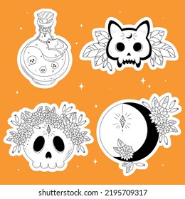 set for halloween, Halloween set, Halloween sticker set, Halloween themed ready stickers, black and white doodles, bats, pumpkin skulls, witch hat, potion cauldron