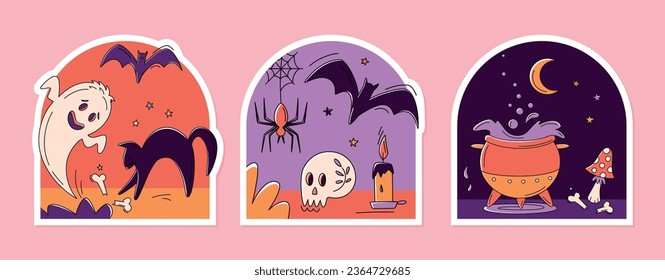 Conjunto de stickers de Halloween con vela, calavera decorada, huesos, fantasma, gato negro, murciélago, caldero de brujas, mosca agaric, luna y estrellas. Noche en el cementerio. Ilustración del vector