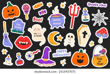 Set of halloween stickers in cartoon style incuding pumpkins, ghost,  witch hat, grave, poison, skull, moon, sweets and short phrases.