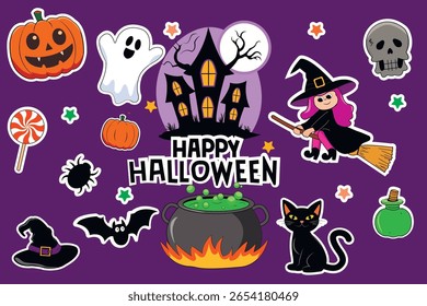 Conjunto de adesivos de Halloween em estilo de desenho animado, abóbora, fantasma, bruxa em uma vassoura, gato preto, caldeirão com poção verde, morcego, doce, casa assombrada cercada pela lua e galhos de árvore.