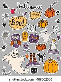 Set of halloween stickers in cartoon style. Vector related attributes for halloween design. Can be used for illustration, icons, posters, invitation and post card.