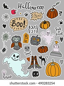 Set of halloween stickers in cartoon style. Vector related attributes for halloween design. Can be used for illustration, icons, posters, invitation and post card.