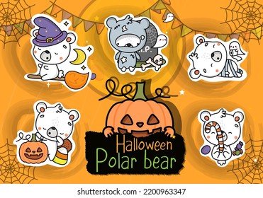 Set of Halloween Stickers. Set of Clipart Halloween Polar Bear Illustration. Clip Art Kawaii Halloween Bear. Set of Five Animals Vector Illustrations, for Halloween Stickers
