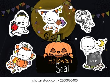 Set of Halloween Stickers. Collection of Cute Halloween Seal Clipart Illustration. Happy Clip Art Halloween Animals. Set of Five Animals Vector Illustrations, for Halloween Stickers
