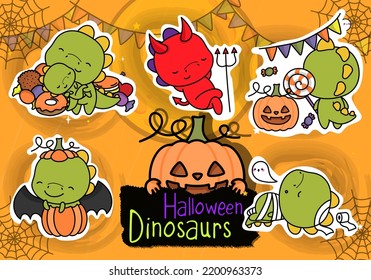 Set of Halloween Stickers. Collection of Halloween Dino Clipart illustrations. Beautiful Clip Art Halloween Dinosaur. Set of Five Animals Vector Illustrations, for Halloween Stickers
