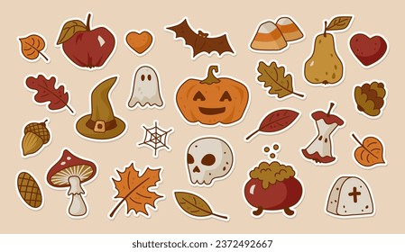 Set of Halloween stickers. Cute autumn sticker pack. Isolated vector.