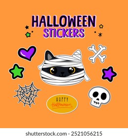 Set of Halloween stickers. Cute icons. Mummy Kitten