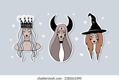 Set of halloween stickers cute witch in hat, queen in crown, goddess with crescent moons in her hair. Flat isolated vector illustration, tattoo.