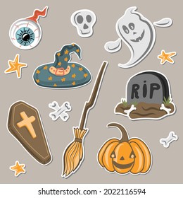 Set of Halloween stickers in doodle style.  Pumpkin, witch hat and broom, ghost. Design for the holiday Halloween. Vector decoration . 