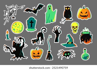 Set of Halloween stickers. Elements are isolated. Pumpkin, spider, bat, ghost, owl, grave, cat, dead man's hand, hat, skull, witch cauldron, bottle of poison and others. Spooky and colorful. Vector.