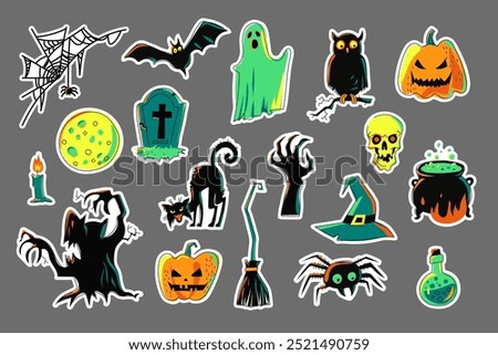 Set of Halloween stickers. Elements are isolated. Pumpkin, spider, bat, ghost, owl, grave, cat, dead man's hand, hat, skull, witch cauldron, bottle of poison and others. Spooky and colorful. Vector.