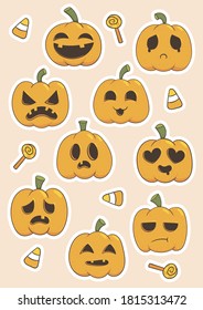 Set of halloween stickers. Funny pumpkins heads with different emotions and candys